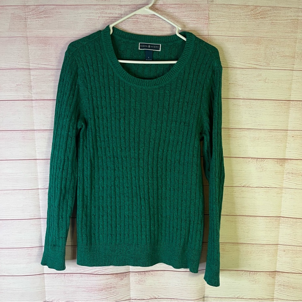 Karen Scott 100% Cotton Green Long Pull‎ Over Sleeve Sweater Size Large